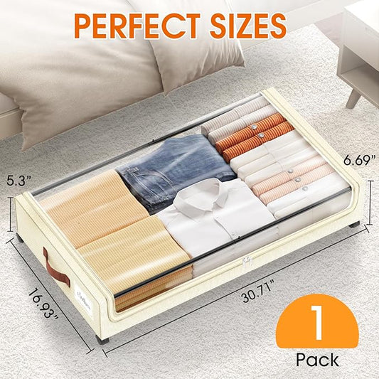 SpaceHacks Under Bed Storage with Wheels 1Pack Underbed Storage with Clear Window&Label Under Bed Drawers Large Capacity Rolling Under Bed Storage for Clothes,Shoes, Blankets (Beige)