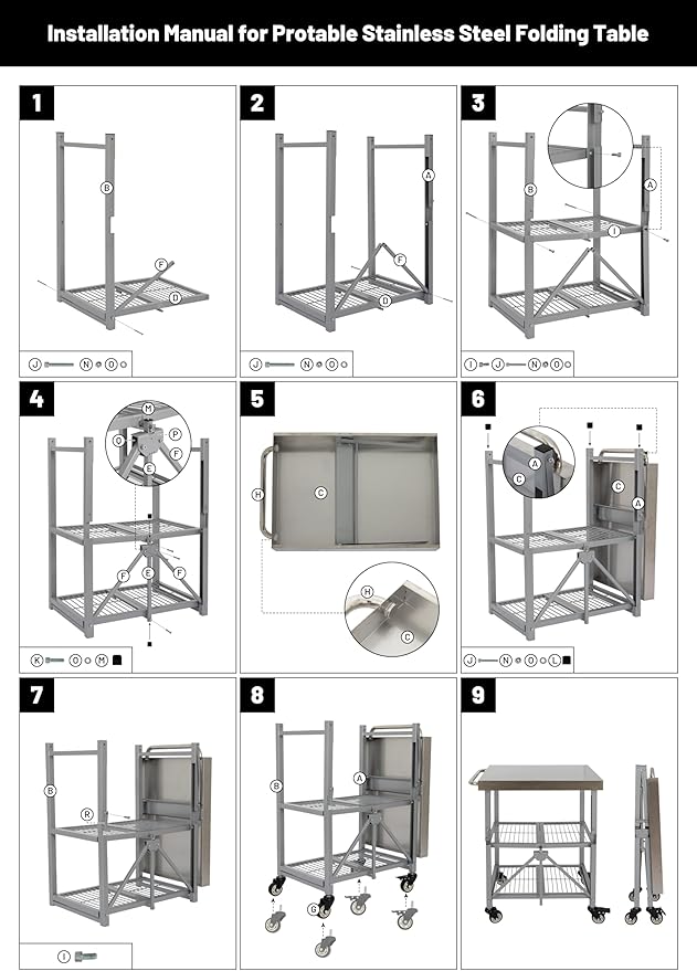 Hymula 3-Tier Stainless Steel Rolling Utility Cart, 300 LBS Capacity Heavy Duty Foldable Service Cart with Wheels for Kitchen, Garage, Restaurant, Warehouse & Outdoor Use