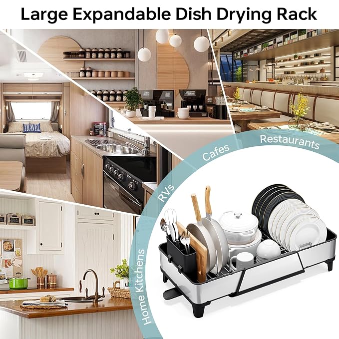 Urackify Large Dish Drying Rack - Triple Expandable Dish Rack for Kitchen Counter, Stainless Steel Sink Organization and Storage Essentials with Utensil & Pans Holder for Home and Appartment, Black