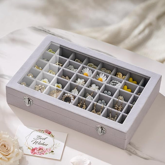 48 Grid Earring Organizer and Storage: Velvet Jewelry Tray with Lid, Jewelry Box for Studs, Earrings, Rings, Necklaces, Dresser & Vanity, Earrings Case Organizer for Girls, Women, 13"x8.6"x2.4", Grey