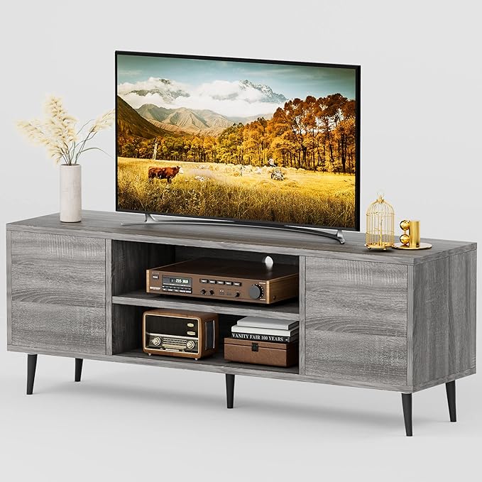 JUMMICO TV Stand for 65 Inch TV, Mid Century Modern TV Stand, Entertainment Center with Storage Cabinet and Open Shelves, TV Console Table Media Cabinet for Living Room, and Bedroom (Gray)