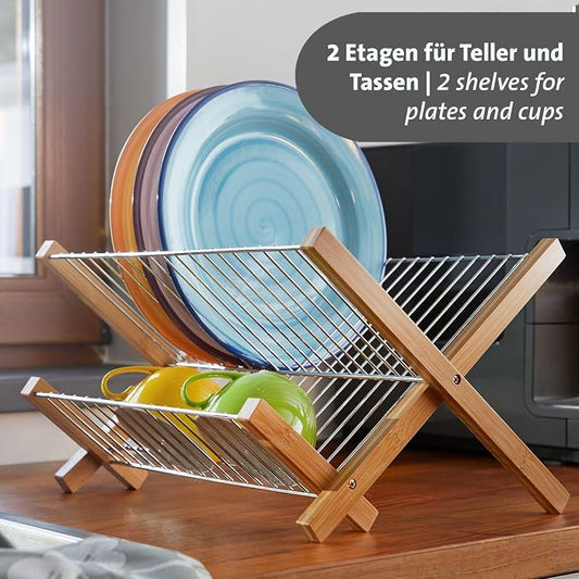 Westmark Tilo Dish Drainer - Foldable Dish Rack for Drying Tableware, Cutlery and Glasses, Dish Drainer for Sink - Bamboo, Stainless Steel