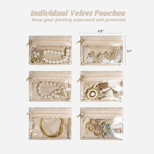 6 Pcs Travel Jewelry Organizer, Velvet Mini Pouch with Clear Zipper Pocket, Lightweight Jewelry Storage Organizer for Rings Earrings Necklaces, Travling Gift for Women Girls (Beige)