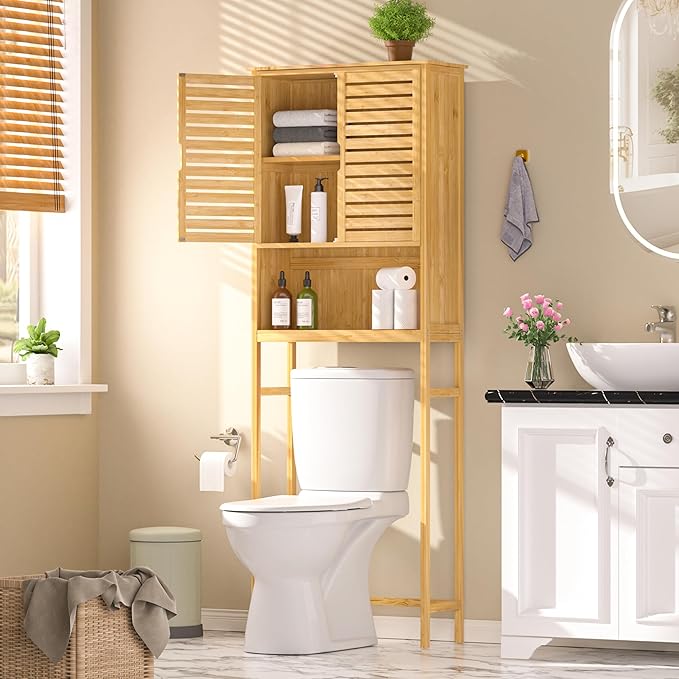 VEIKOU Over The Toilet Storage Cabinet, Bamboo Over Toilet Storage with Removable Shelf, Bathroom Freestanding Over The Toilet Storage with Open Storage, Natural