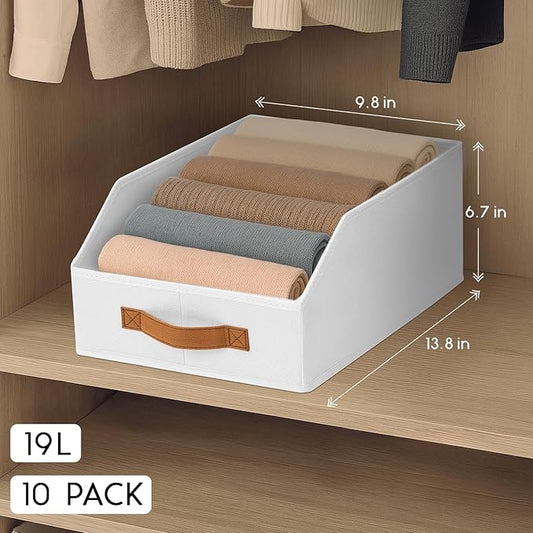 Homsorout Fabric Storage Bins for Organizing - 10 Pack Large Trapezoid Collapsible Storage Bins with Front Handle, Closet Organizers and Storage for Bedroom, Home Shelves, Small Spaces, White