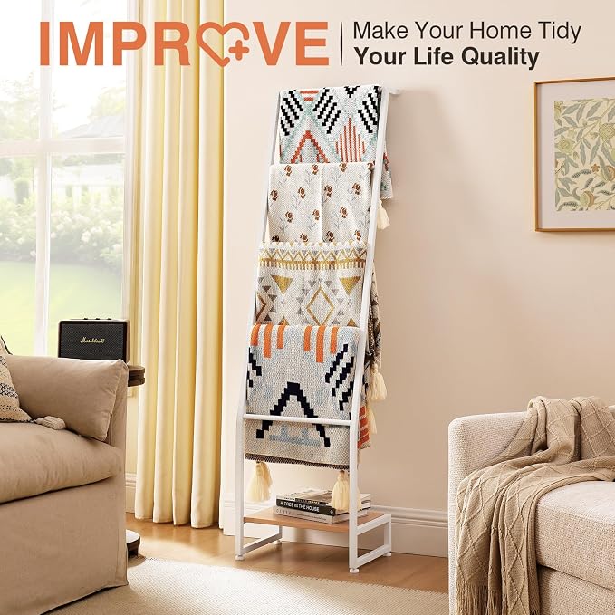 DGWJSU Blanket Ladder, 5 Tier Ladder Shelf,Wooden Blanket Ladders for Living Room and Bedroom, 5.2ft Blanket Holder Rack Farmhouse Ladder Rack for Storage and Home Decor (White)