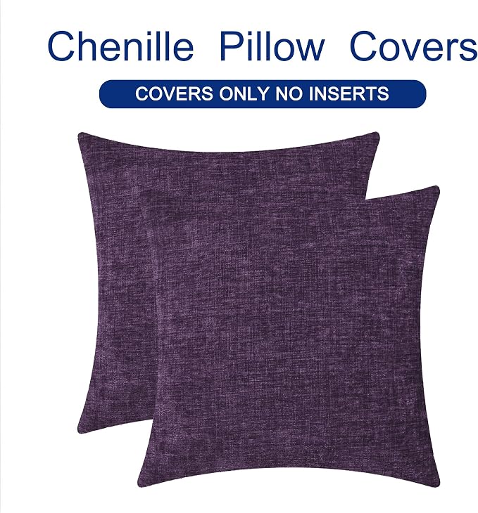 CaliTime Throw Pillow Covers Decorative 20 X 20 Inches Pack of 2 Cozy Chenille Cushion Cases for Couch Sofa Bed Living Room Home Plum Purple