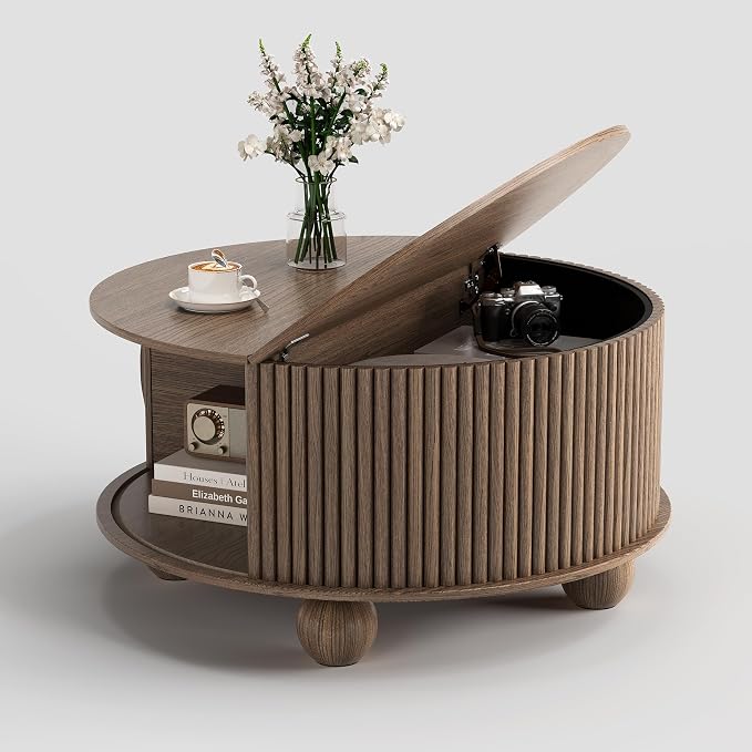 Round Coffee Table with Storage, 31.5" Mid Century Modern Coffee Table with Sliding Door & Bun Feet, Minimalist Fluted Center Table for Living Room, Home Small Space, Walnut