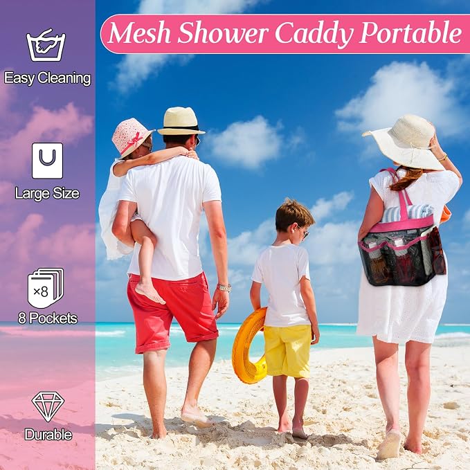 Hillban 4 Pcs Mesh Shower Caddy Portable Shower Caddy for Dorm Beach Mesh Bags with Deeper 8 Pockets and Handles Showers Caddies Basket for Women College Room Vacation(Rose Red)