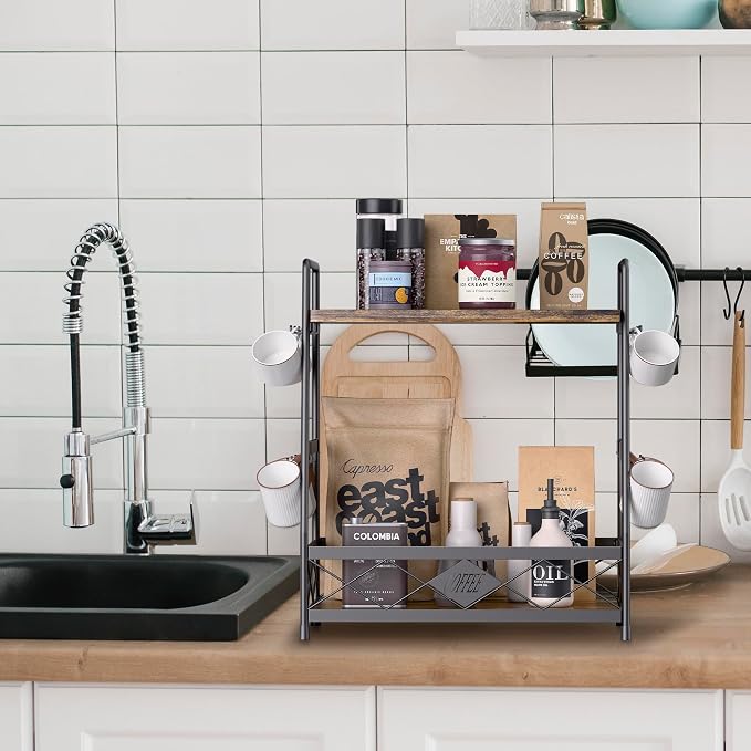 LOTEYIKE 2 Tier Coffee Cup Holder for Countertop, Coffee Mug Organizer with 12 Hook, Coffee Mug Holder, Metal Coffee Mug Shelf for Coffee Bar Kitchen, Black