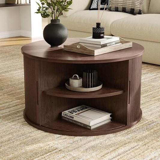 LINSY HOME Round Coffee Table, 31.5" Drum Coffee Table with Sliding Tambour Door, Fluted Accent Center Table with Storage, Mid Century Modern Coffee Table for Living Room, Walnut