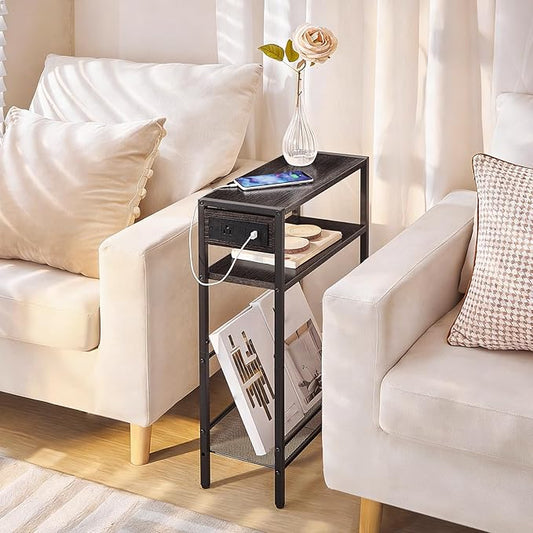 HOOBRO Small Narrow Side Table with Charging Station, Skinny End Table for Small Spaces, Slim Nightstand with USB Ports Outlet, Sofa Beside Table with Storage Shelf,Black and Charcoal Black BC102UBZ01