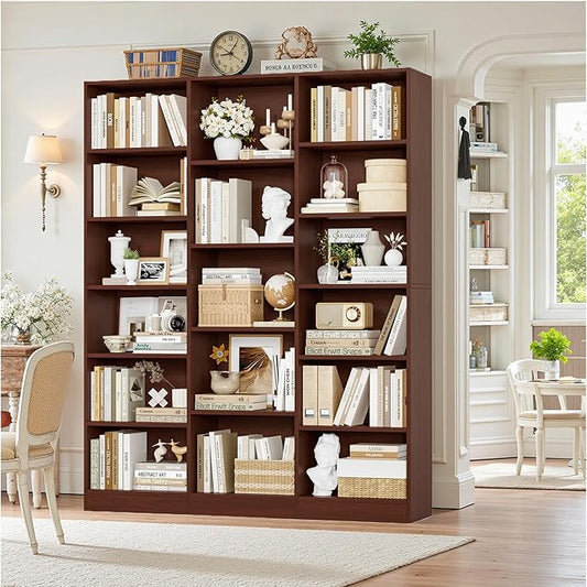 FACBOTALL Triple Wide Bookshelf, 6 Tier Large Bookshelf, Bookcase with 17 Open Display Shelves, 74'' Tall Bookcases and Bookshelves for Living Room, Home Office, Library, Cherry