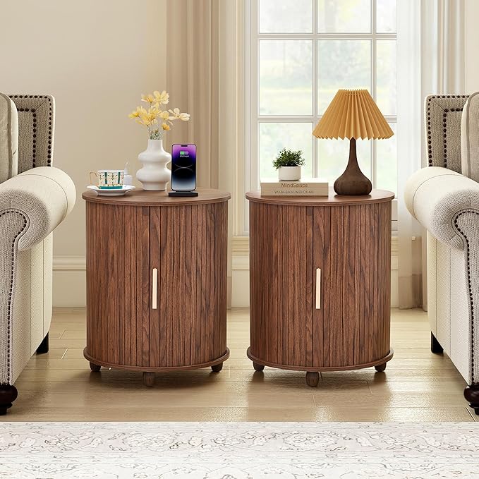 Fluted Round End Table with Charging Station, Farmhouse Small Sofa Side Table with Sliding Tambour Door & Storage, Mid-Century Wood Fulted Nightstands for Living Room, Bedroom (Walnut)