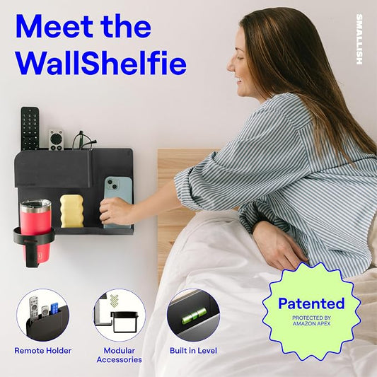 WallShelfie Bedside Wall Organizer & Dorm Decor - Dorm Room Essential, Floating Bedside Shelf Wall Mount Organizer, Remote Control Holder, Cool Teen Girls Trendy Stuff, Room Organization (Black)