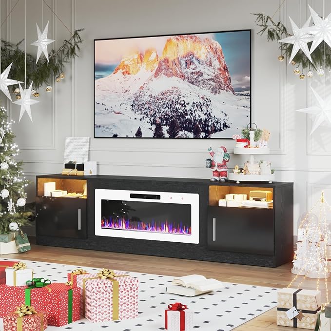 PRETZI Fireplace TV Stand with 36" Fireplace Up to 90" TVs, 80" Entertainment Center with LED Lights, Remote Control, TV Media Console with Storage Cabinets for Living Room, Black+White