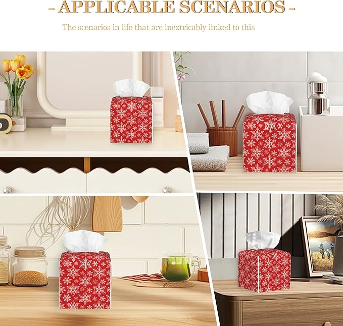 Tissue Box Cover Holder, Christmas Red Plaid Square with Bottom Belt by PU Leather Decorative Organizer for Tabletop, Bathroom, Car, Office