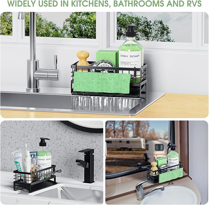 DYFVREN Self-Draining Kitchen Sink Caddy, Rustproof Non-Slip Sponge Holder with Detachable Dish Cloth Holder (Black)