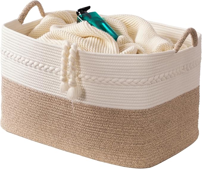 Extra large laundry basket woven from natural cotton rope with handles storage blankets for living rome big decorative quilted baskets for clothes toys pillows hamper 24"x16"x14" white/brown