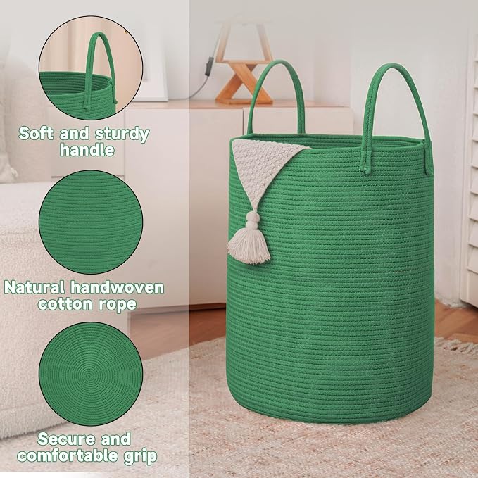 JMvicyroam Large Woven Laundry Basket Hamper,100L Cotton Rope Storage Bin for Blankets,Toys and Clothes,Decorative Tall Nursery Hamper for Living Room,Baby Nursery,Bathroom and Bedroom,Dark Green