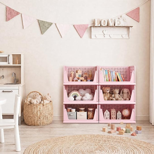 Pink Girl Closet Organizers and Storage Stackable Plastic Drawer Basket for Clothing Stackable Storage Bins Shelf Storage Container for RV Closet Wardrobe Bedroom Bathroom Playroom 6 Pack