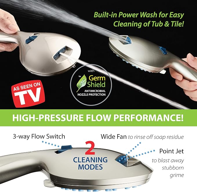 Hotel Spa AquaCare As-Seen-On-TV High Pressure 50-mode Rain & Handheld 3-way Shower Head Combo - Anti-clog Nozzles/Tub, Tile & Pet Power Wash/Extra Long 6 ft. Stainless Steel Hose/Nickel Finish