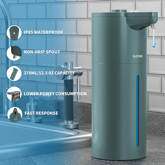 Aunmaon Automatic Soap Dispenser Touchless, Modern, Kitchen & Bathroom, Hands-Free, Adjustable Volume, Long Battery Life, Compatible with Thick & Thin Soap, Easy for Toddlers, Clog-Free, Green