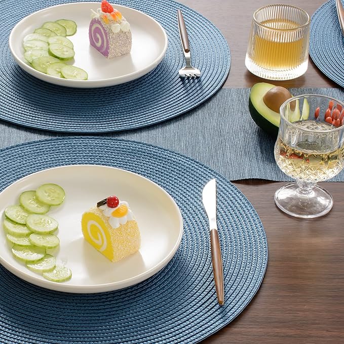 FunWheat Round Braided Placemats Set of 4 Table Mats for Dining Tables Woven Washable Non-Slip Place mats 15inch (Blue, 4pcs)