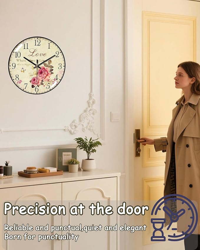 Decorative Wall Clocks Batterys Operated, Retro Wall Clock with Glass Dial, 12-Inch Dial with Roman Numerals, Silent and No Ticking, Suitable for Living Room, Bedroom, Dining Area, Workspace