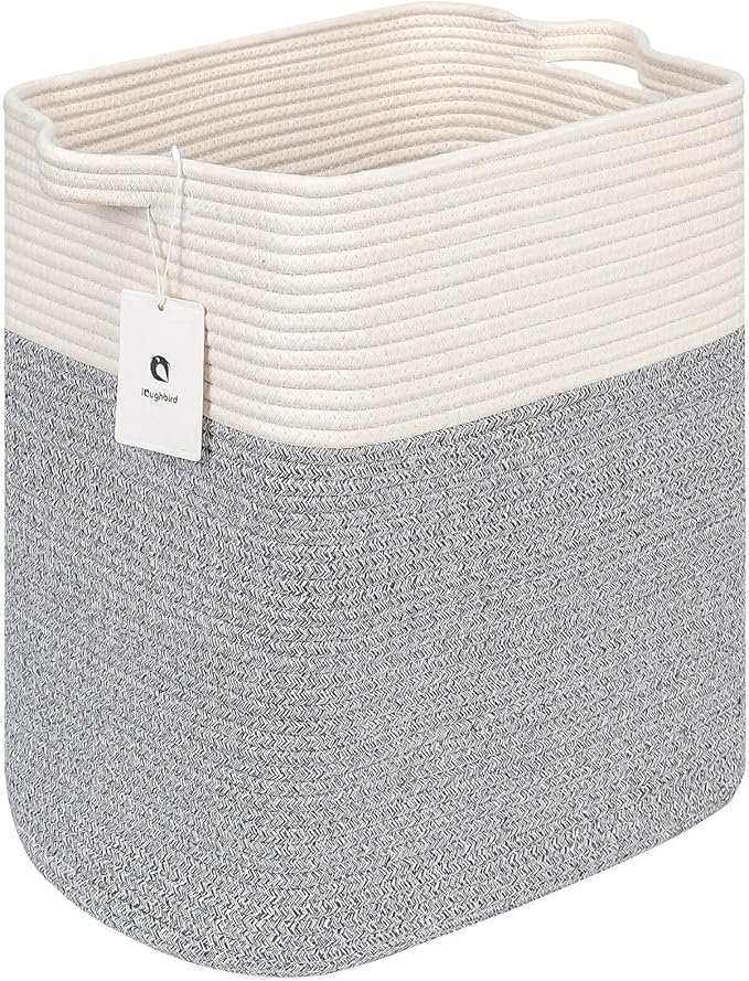 laughbird Storage Baskets for Clothes Fabric Cotton Rope Storage Basket with Handles, Decorative Woven Basket for Living Room,Closet Organizer Blankets, and 2bags (Silver Gray, L17.8×W12.5×H17.9)