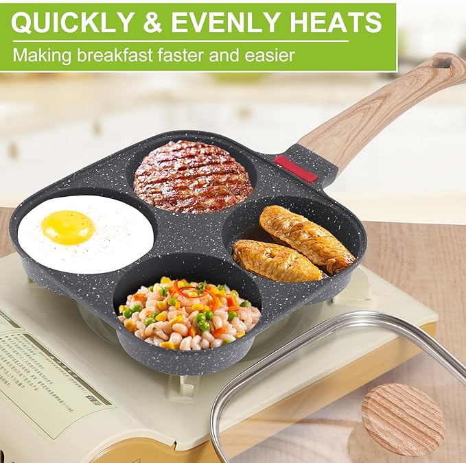 4-Cup Egg Pan, Premium Egg Pans Nonstick, Omelette Pan with Lid , Healthy Egg Frying Pan for Breakfast, Egg Sandwich, Hamburger, Pancake, Egg Skillet Suitable for Gas Stove & Induction Cookware