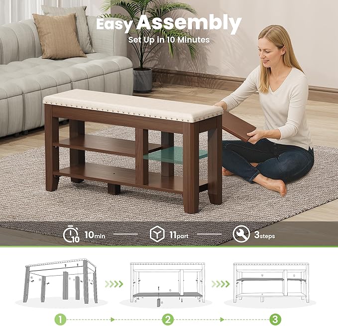 Shoe Bench for Entryway, Solid Rubberwood Shoe Bench with Hidden Storage, Adjustable 2-Tier Shelves & Soft PU Leather Seat, Shoe Rack Durable Easy Assembly for Hallway or Bedroom - Beige, 39.4"