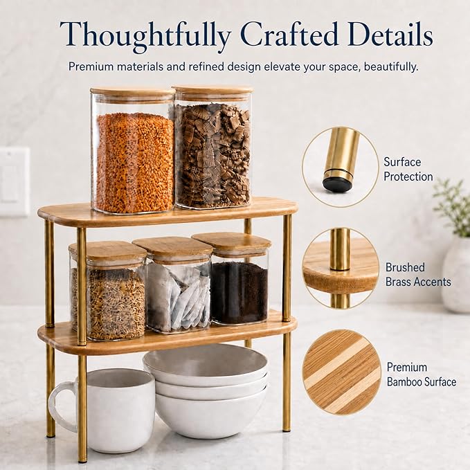 Ibyx Cabinet Organizer Set of 2 - Kitchen Pantry Organizers and Storage with Bamboo Top & Brass-Effect Metal Legs - for Kitchen Counter & Stackable Shelves for Cabinets with 22 lb Capacity - Brown