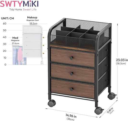 SWTYMIKI Rolling Makeup Organizer Cart - 14.96″*11.81″*23.03″ Widened Under Desk Vanity Storage with 3 Non-woven Drawers, Cosmetic Display Cases for Skin Care Perfume Nail Polish Brush Hair Tool Black