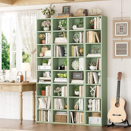 FOTOSOK 2 Pcs 71'' Tall Narrow Bookshelf, 8-Tier Media Tower Rack Set of 2, CD DVD Storage Cabinet with Adjustable Shelves, Tall Narrow Bookcase Skinny Display Bookshelf Slim Shelf, Green