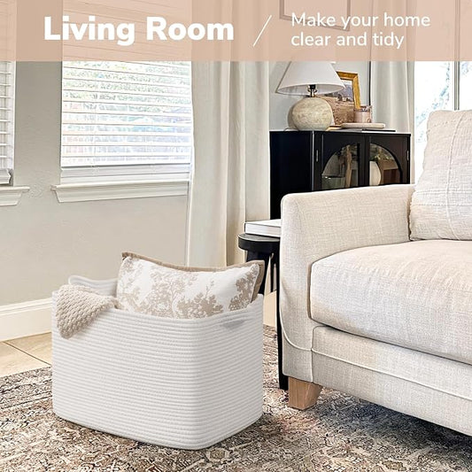 Goodpick Large Woven Basket 18" x 14" x 12" Cotton Rope Storage Baskets for Organizing, Rectangle Blanket Basket for Living Room Bedroom, Toy Baskets Storage Kids, White