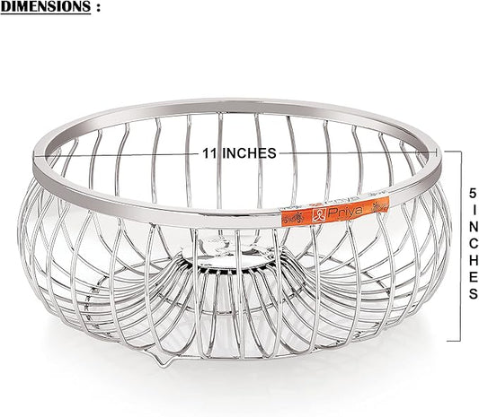 Priya Stainless Steel Fruit Basket Bowl for Kitchen Counter, Dining Table with Chrome Finish (Beautiful Rust Resistant) (Tomato Mini)(Size- 11 INCH Diameter)