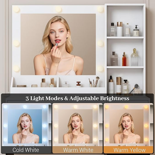 Makeup Vanity with Mirror and Lights, 34'' Wide Dressing Table & RGB Glass Cabinet, Small Vanity Desk with 3 Color Lighting Modes & Adjustable Brightness, White