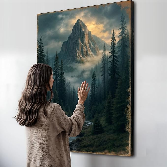 TAILORED CANVASES Sanctuary of the Peak Wall Art Mountain Landscape Featuring Misty Mountain Scene, Black and White Mountain with River, Nature Canvas Decor for Living Room Bedroom Office 12x18