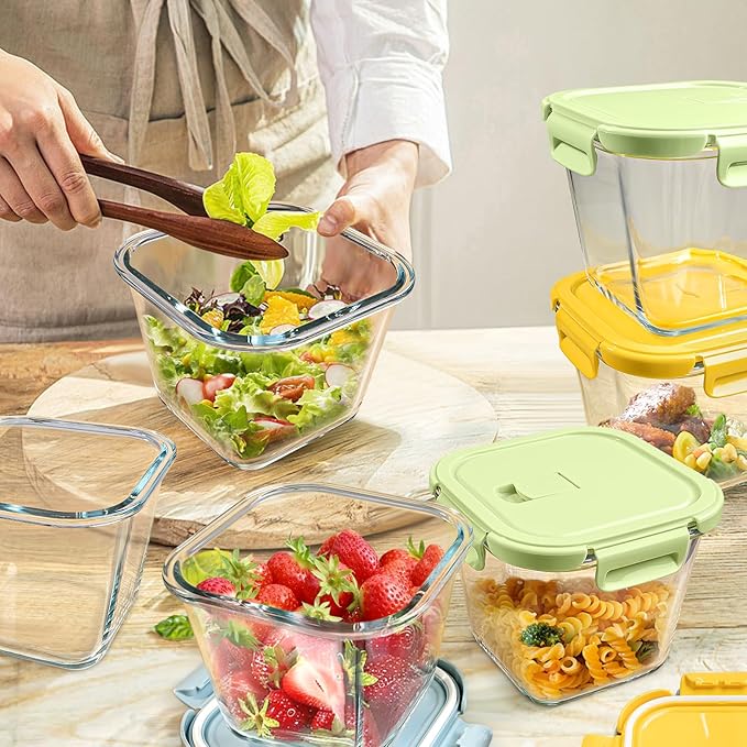 Glass Soup Containers with Lids - 4 Cup Borosilicate Glass Storage Containers, Freezer to Microwave Safe, Airtight Leak Proof, 32oz Square Soup Meal Prep Containers for Lunch Travel- 4 Pack