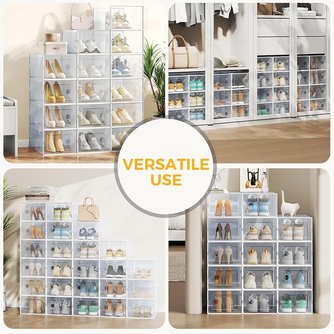 Sweetcrispy Shoe Storage Boxes, Clear Plastic Stackable Shoe Rack Organizer with Lids for Closet, Foldable Sneaker Container, Under Bed and Entryway, 15 Pack, Clear White