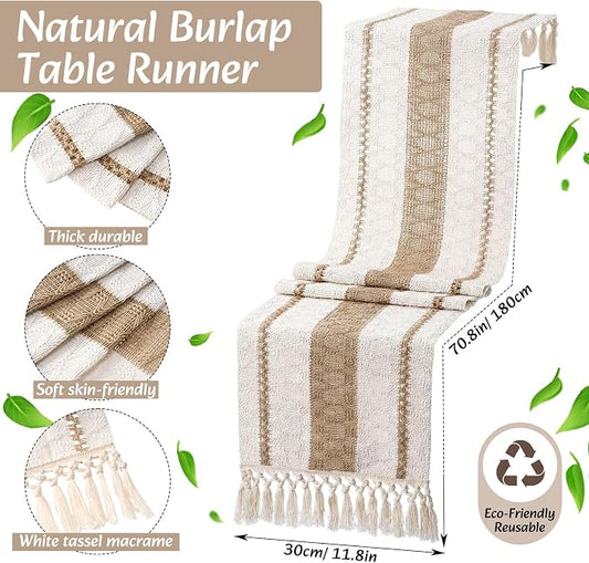 6 Sets Boho Decoration Placemats Round Woven Placemats, Cloth Napkins, Wood Bead Napkin Rings, Long Table Runner and Farmhouse Burlap Cotton for Table Kitchen (Brown,12x72)