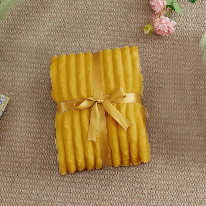 BEDELITE Twin Blanket for Couch & Bed, 300GSM Soft & Warm Fleece Blanket, Decorative and Giftable Striped Mustard Yellow Blankets for Women, Men, 60"x80"