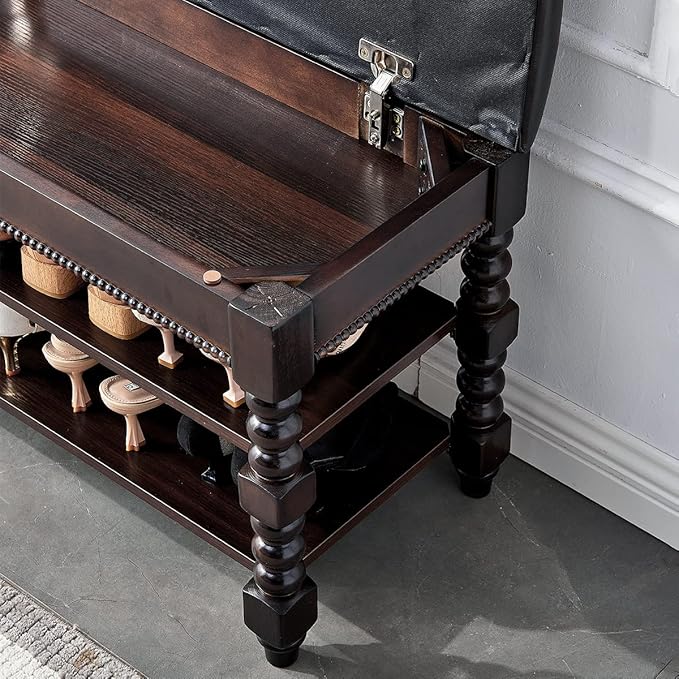 LKZ Shoe Storage Bench, Solid Wood Shoe Bench with Microfiber Leather Cushion Seat for Hallway, Entryway, Living Room, Bedroom (Walnut, 39.4'')