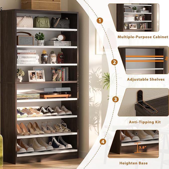 Homieasy Tall Shoe Cabinet, 9-Tier Wood Shoe Rack Organizer Cabinet for Closet, Freestanding Shoe Storage Cabinet with Adjustable Shelves for Entryway, Bedroom, Dark Walnut & White