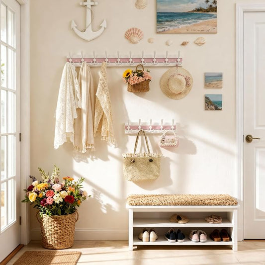 SKOLOO Coastal Wall Mounted Coat Rack - 16-7/8" Beach House Entryway Wooden Coat Hook with 5 Hooks for Hanging Coats, Hats or Towels, Oceanfront Cottage Core Collection, White & Palm Beach Pink
