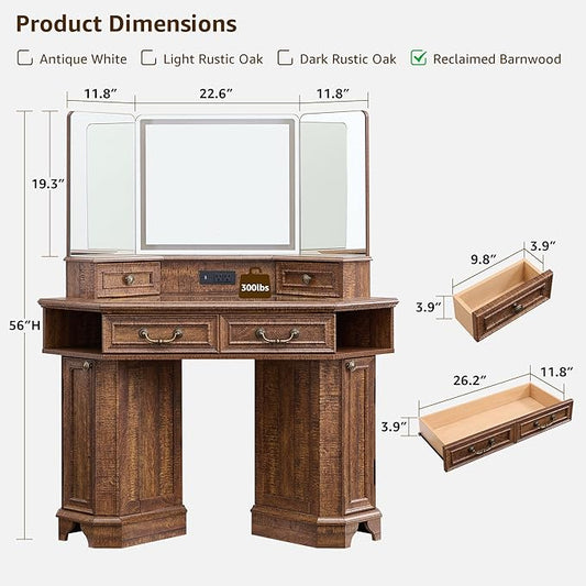 T4TREAM Makeup Vanity Desk 48" with 3 Way Mirror and Lights, Large Farmhouse Corner Vanity Dressing Table with Glass Top & Charging Station, 3 Drawers & 2 Storage Cabinets, Reclaimed Barnwood