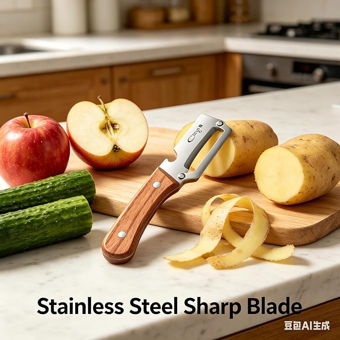 2-in-1 Vegetable Peeler with Built-in Bottle Opener, Sharp Stainless Steel Potato & Fruit Peeler, Ergonomic Wooden Handle Kitchen Gadget for Home, BBQ, Camping