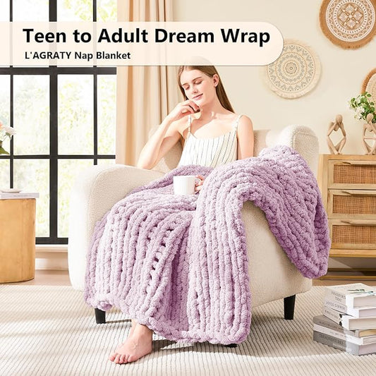 L'AGRATY Chunky Knit Blanket Throw - Soft Chenille Yarn Throw Blanket 40x50: Handmade Thick Cable Knit Crochet Blanke - Large Knit Blanket Chunky Rope Knot Throw Blanket for Couch Sofa Bed Home Decor
