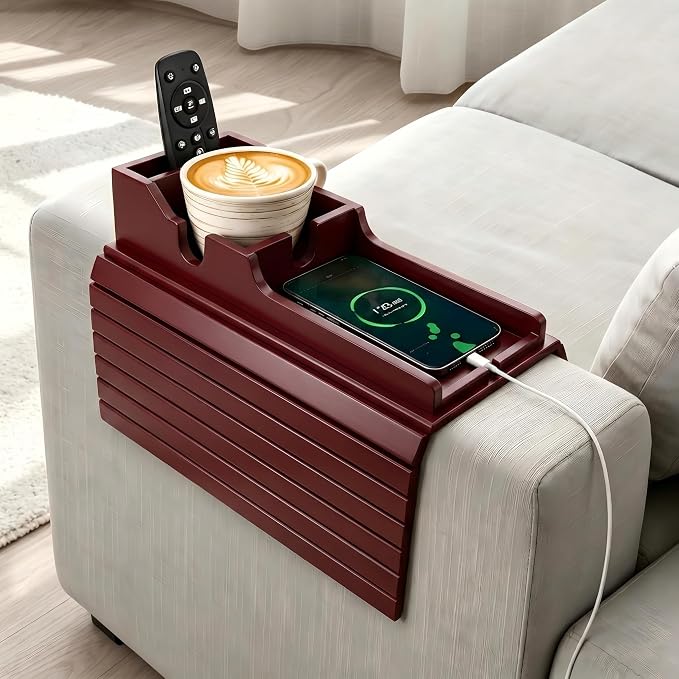 Yoshiky Bamboo Couch Armrest Table, Couch Arm Tray with Removable Couch Cup Holder, 2 in 1 Design Foldable Anti-Slip Bamboo Couch Tray and Sofa Cup Holder for Drink